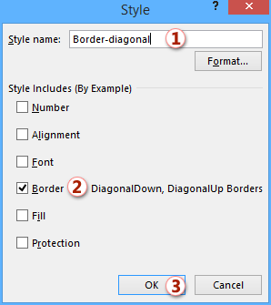 В открывшемся диалоговом окне «Стиль» введите имя для этого пользовательского стиля ячейки в поле « Имя стиля» и снимите все флажки, кроме параметра « Граница» в разделе « Включает стиль (по примеру) »